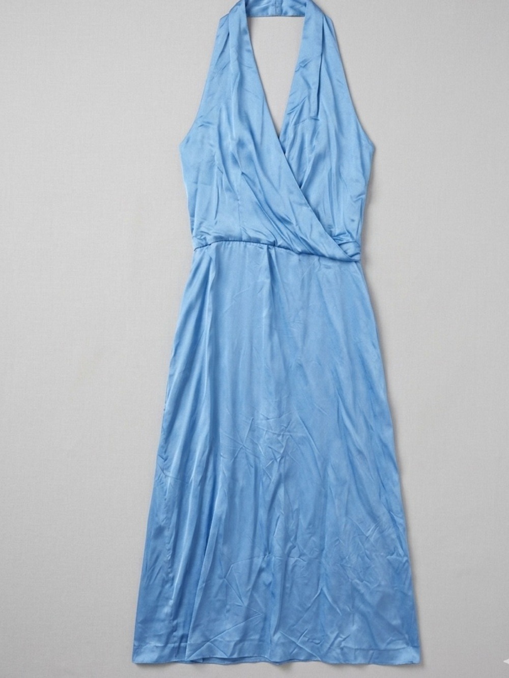 Zara Satin Effect Midi Dress Blue Plunge Wrap Halter Blogger Favorite XXL NWT - Picture 2 of 16
